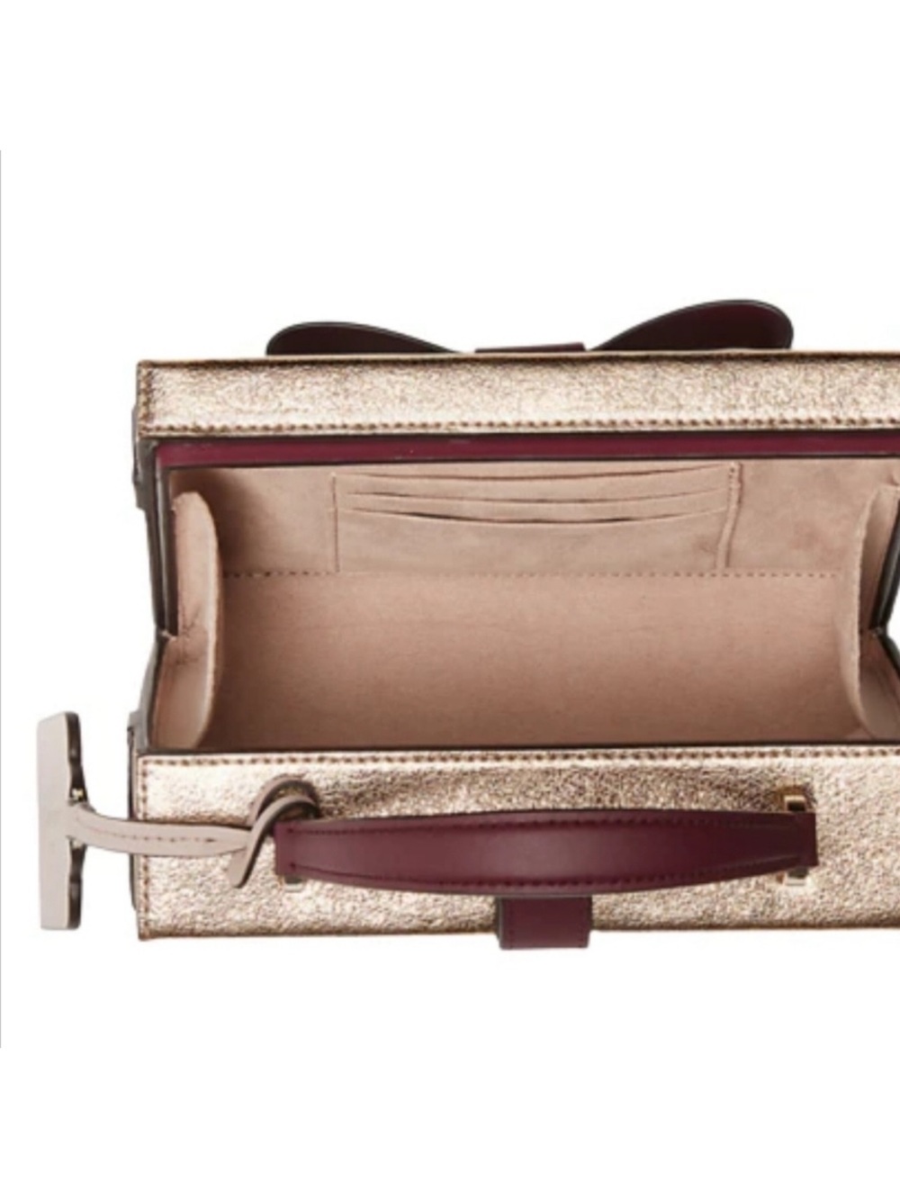kate spade Wrapping Party Metallic Gold Mini Box Bag with Burgundy Bow NWT - Picture 4 of 14